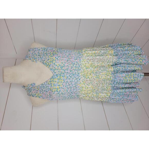 Wonderly Tops - Wonderly medium blue & yellow floral tiered sleeveless blouse